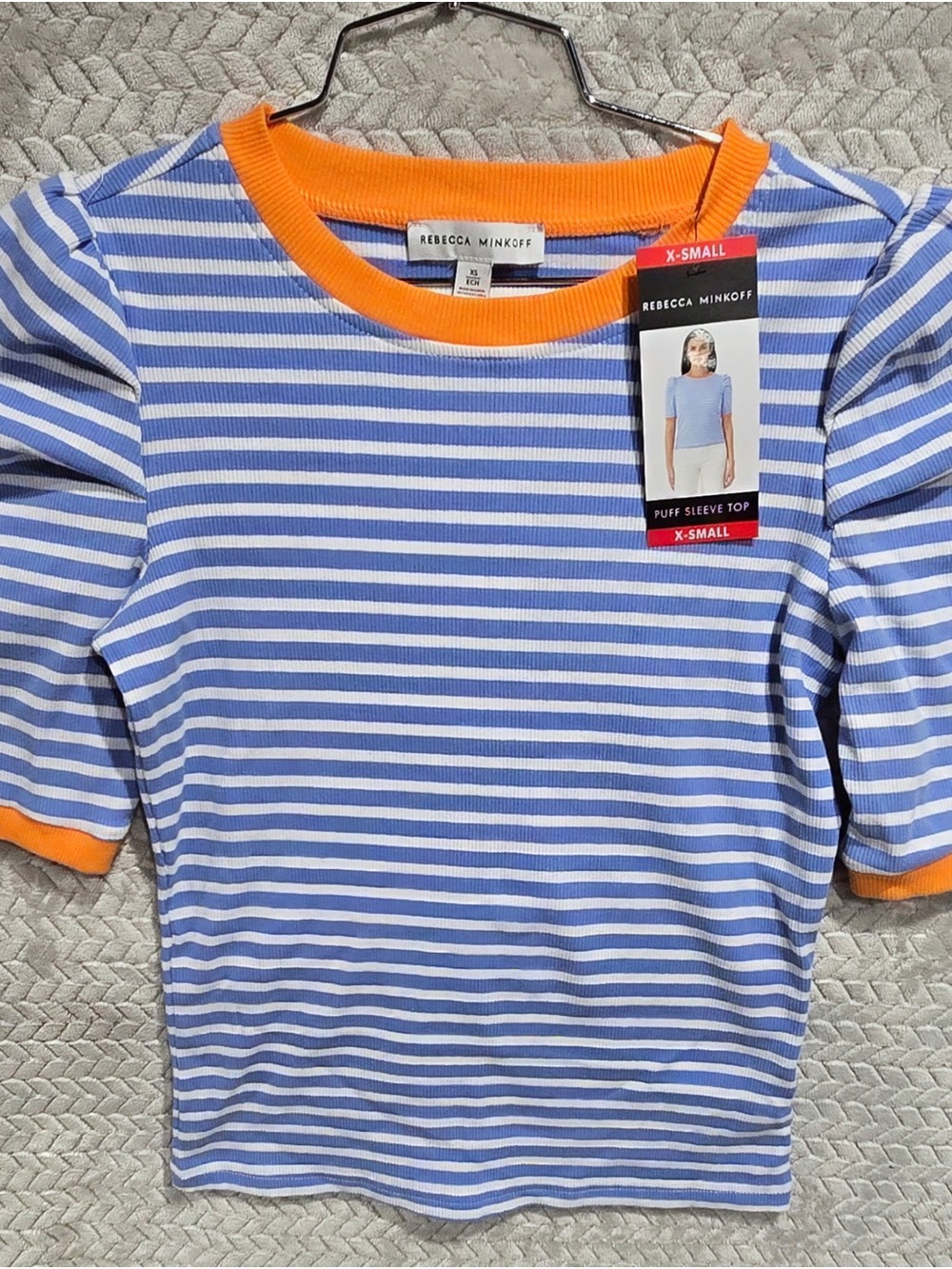 Rebecca Minkoff Blue, White & Orange Striped Puff Sleeve Tee